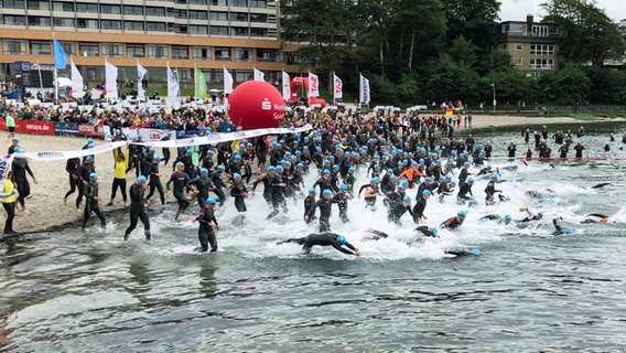 Die Schwimmer starten zum Ostseeman 2023. © NDR.de Foto: Rudi Dautwiz