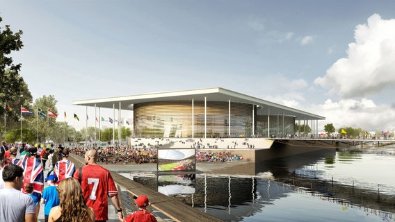 Collage der geplanten Olympia-Schwimmhalle in Hamburg © picture alliance / dpa | Gmp/Bloomimages 