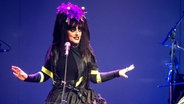 Nina Hagen steht auf einer Bühne hinter einem Mikrofon. Sie trägt ihre schwarzen Haare zu zwei Zöpfen gebunden mit lila Blumen auf dem Kopf und ein schwarzes Outfit mit gelben Bändern dran. © Picture-Alliance / dpa Foto: Bernd von Jutrczenka