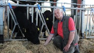 Rüdiger Marquard kniet im Stall vor einem Rind. © NDR Foto: Andrea Ring